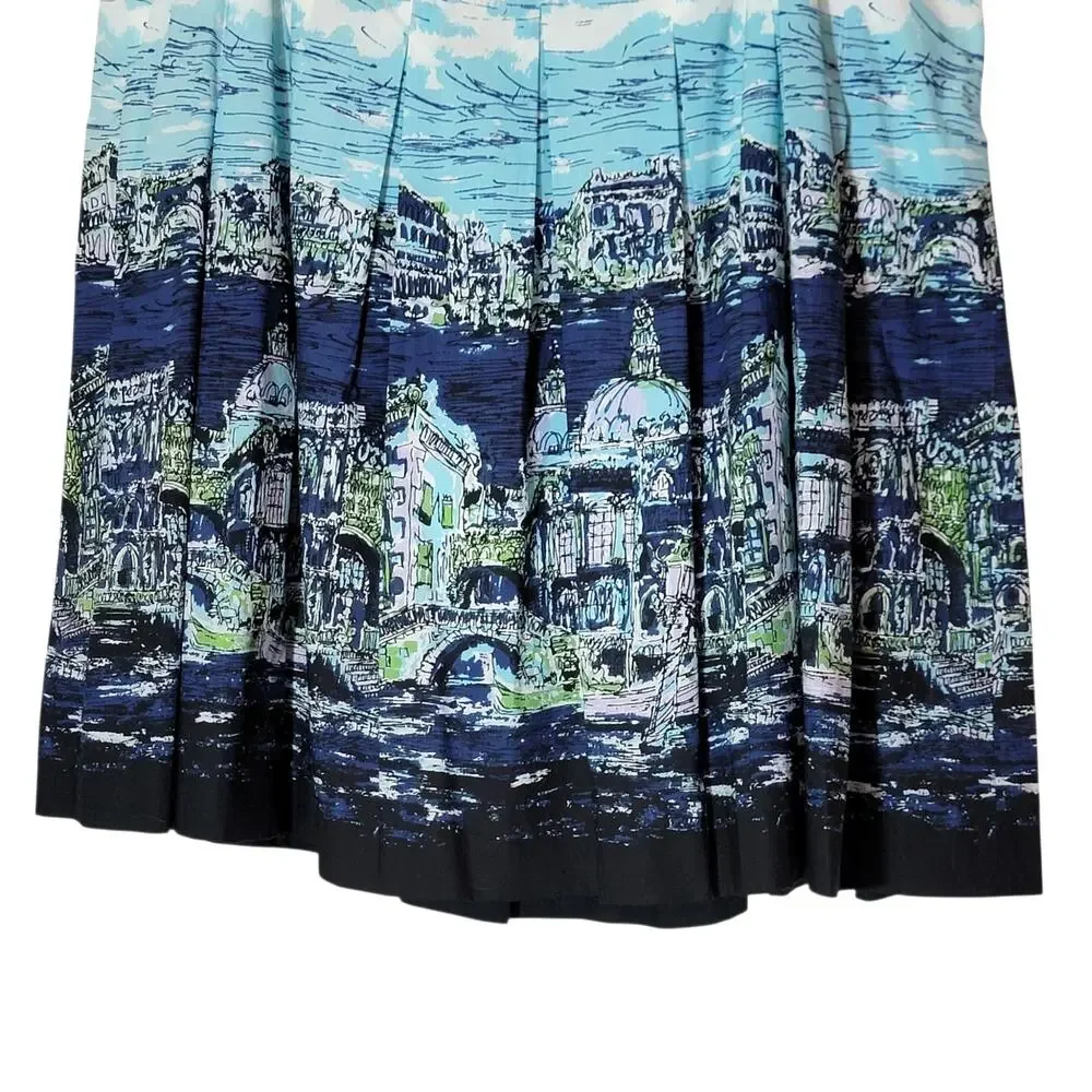 Talbots NWT Pleated Italian Landscape Print Cotton Skirt Blue White 14WP Coastal